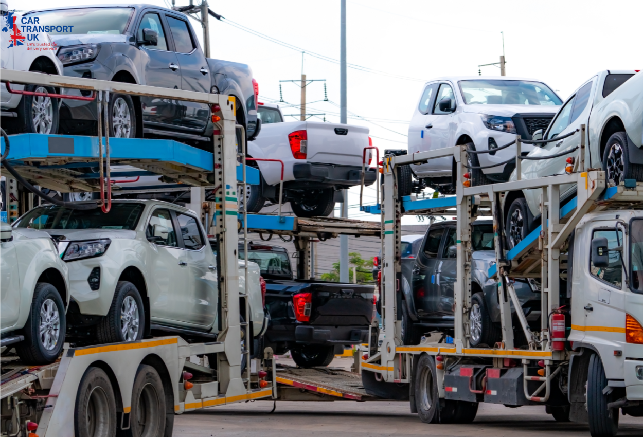 Car being loaded onto a vehicle transporter in the UK showing professional car transport UK services helping drivers save money with planned routes and flexible dates.