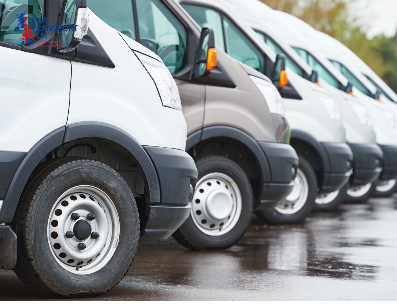 Door-to-door vs terminal car delivery illustration showing UK car on a transport truck and at a depot.